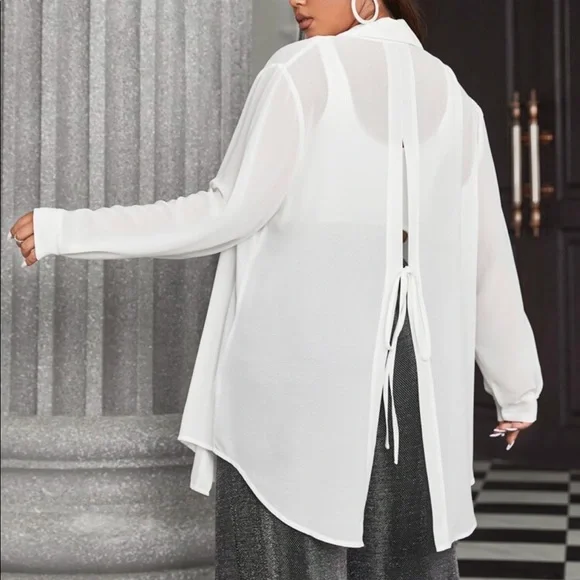 Boho Plus Size Slit Open back Button Shirt Top Blouse Black - Picture 7 of 10